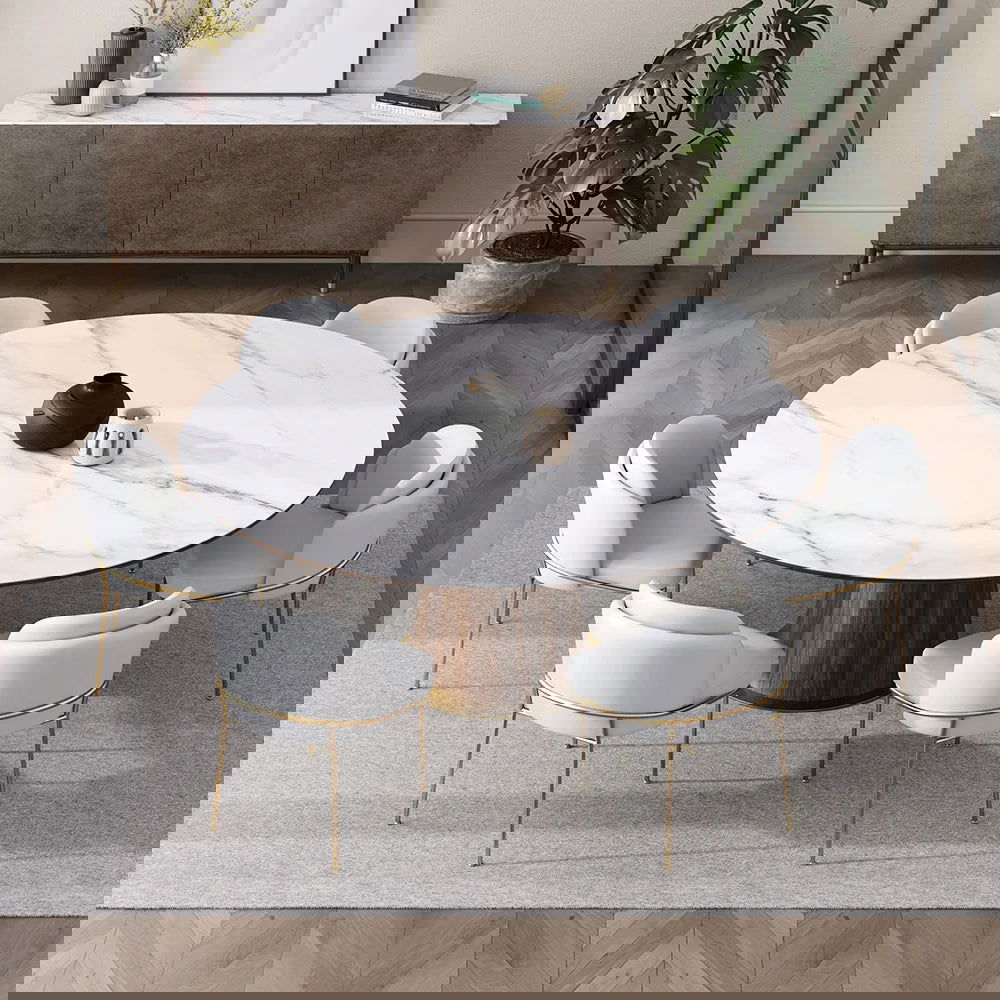 Mid-Century Modern 7 Piece Dining Room Sets 1200mm Round Dining Table White 6 Chairs - 