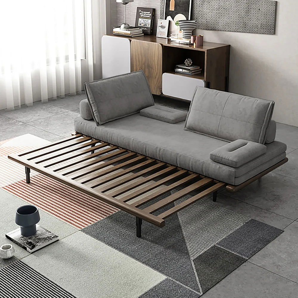 Mid Century Modern Pull Out Sofa Bed Grey Wood Convertible Sleeper Sofa Cotton & Linen - 