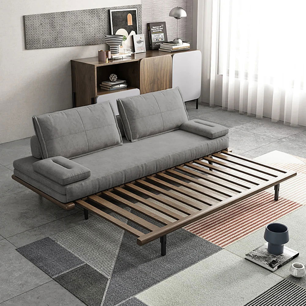 Mid Century Modern Pull Out Sofa Bed Grey Wood Convertible Sleeper Sofa Cotton & Linen - 