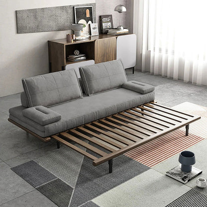 Mid Century Modern Pull Out Sofa Bed Grey Wood Convertible Sleeper Sofa Cotton & Linen - 