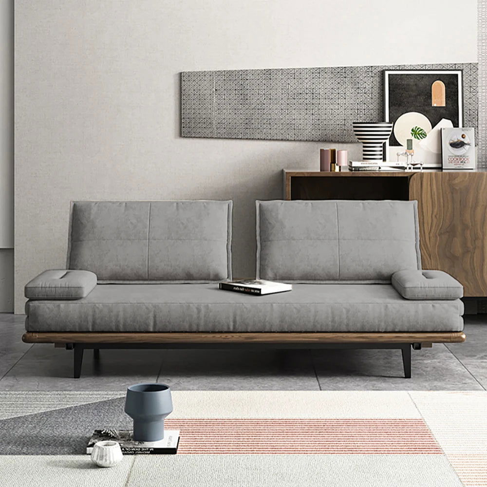Mid Century Modern Pull Out Sofa Bed Grey Wood Convertible Sleeper Sofa Cotton & Linen - 
