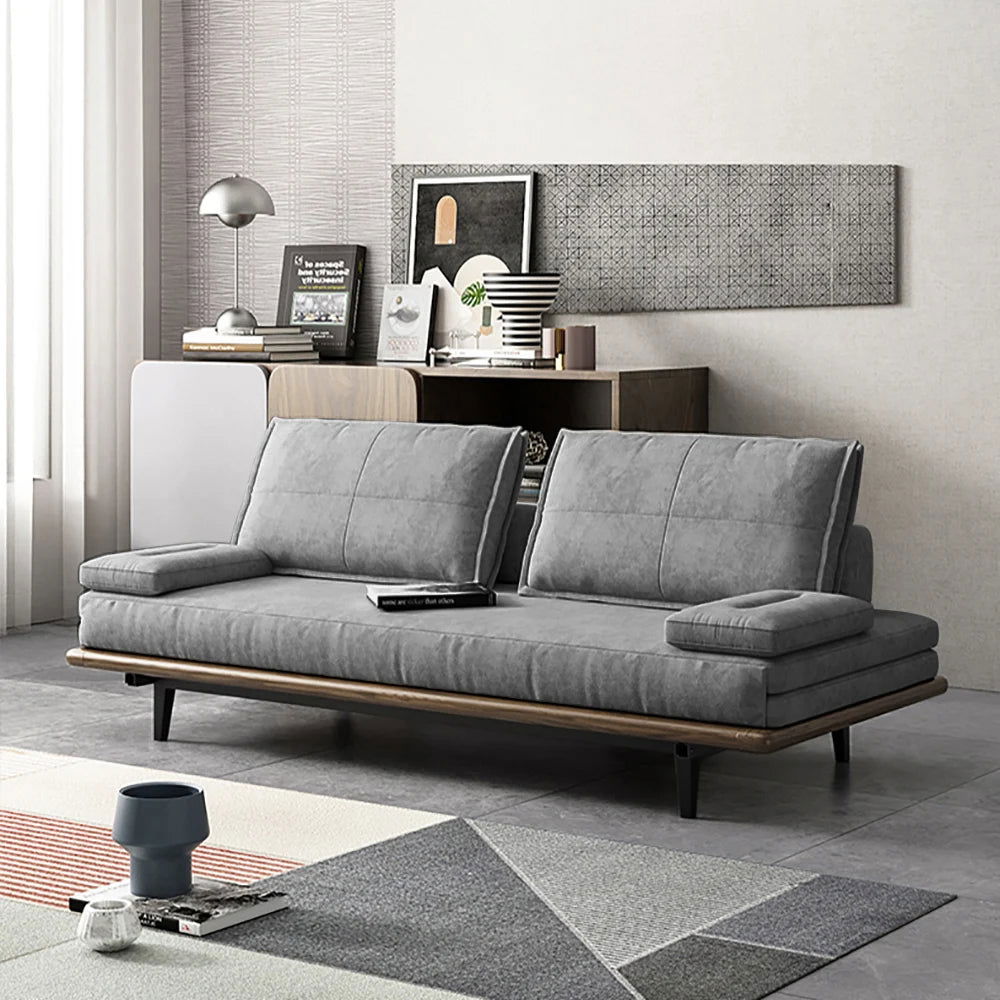 Mid Century Modern Pull Out Sofa Bed Grey Wood Convertible Sleeper Sofa Cotton & Linen - 