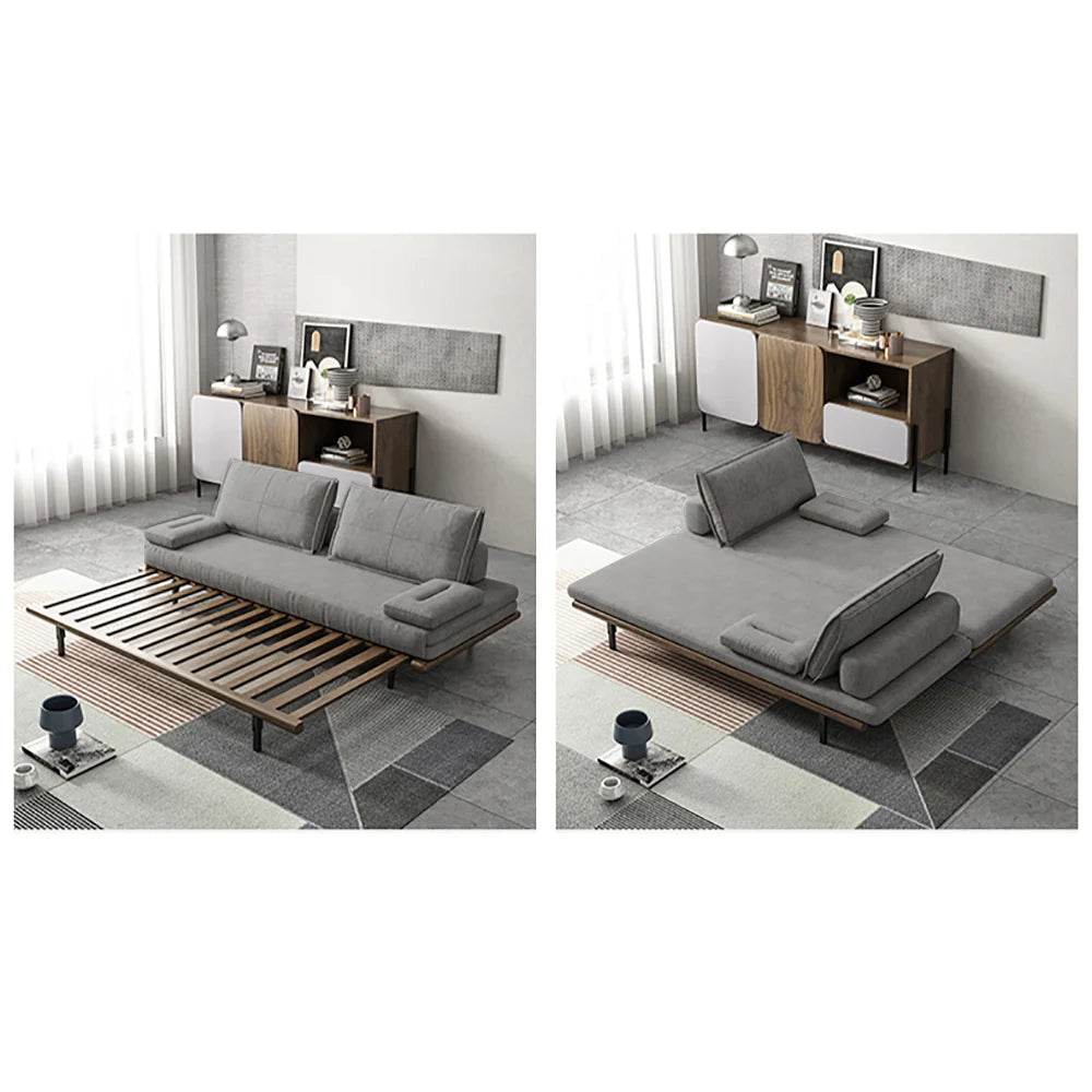 Mid Century Modern Pull Out Sofa Bed Grey Wood Convertible Sleeper Sofa Cotton & Linen - 