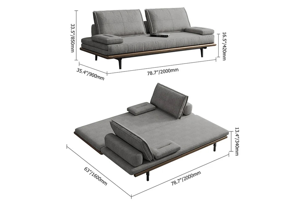 Mid Century Modern Pull Out Sofa Bed Grey Wood Convertible Sleeper Sofa Cotton & Linen - 
