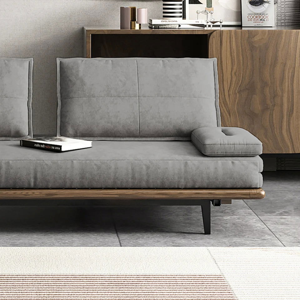 Mid Century Modern Pull Out Sofa Bed Grey Wood Convertible Sleeper Sofa Cotton & Linen - 