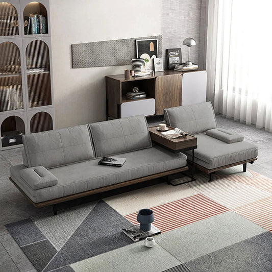 Mid Century Modern Pull Out Sofa Bed Grey Wood Convertible Sleeper Sofa Cotton & Linen - Homary