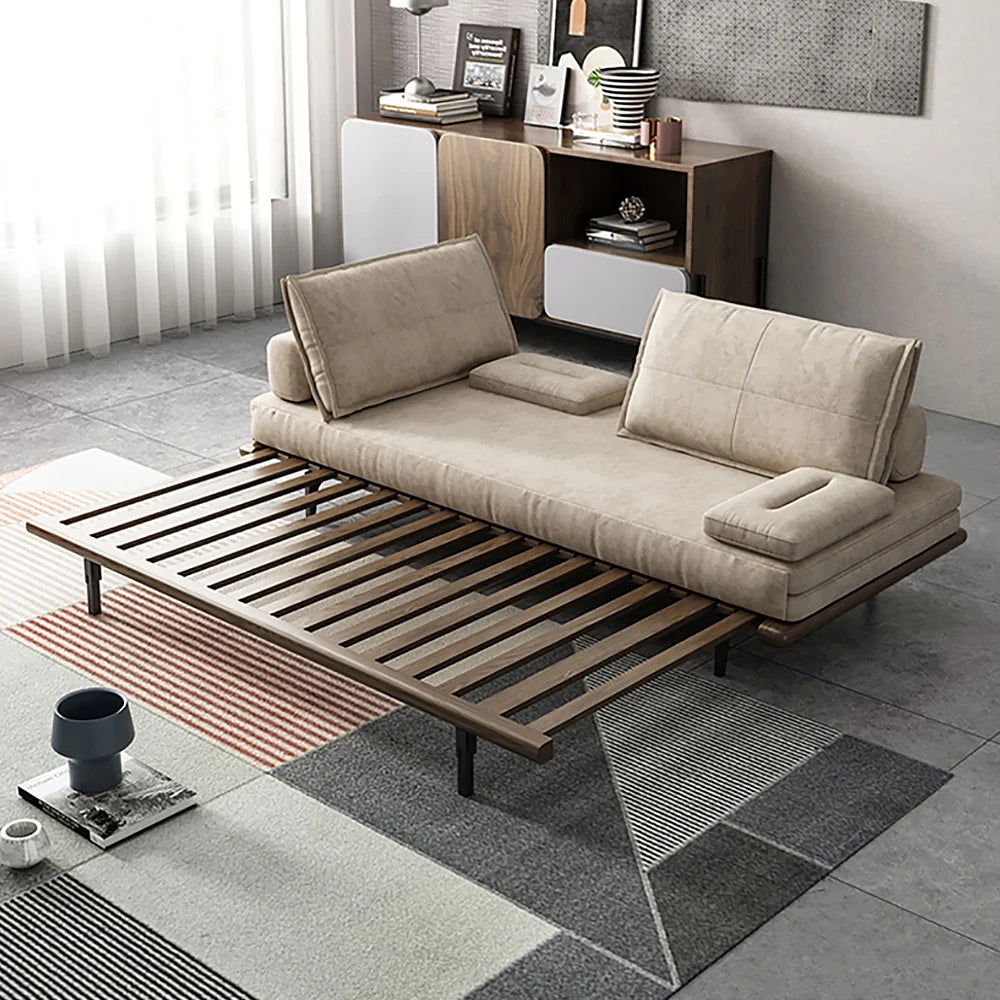 Mid Century Modern Pull Out Sofa Bed Khaki Wood Convertible Sleeper Sofa Cotton & Linen - 