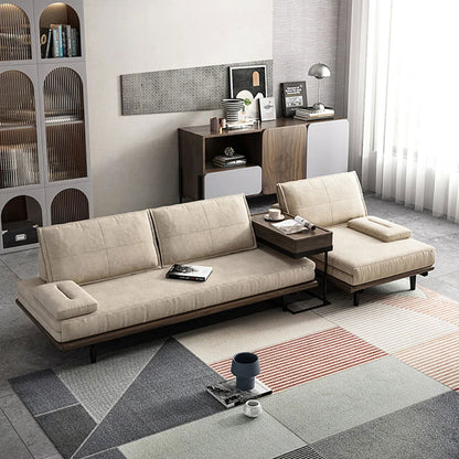 Mid Century Modern Pull Out Sofa Bed Khaki Wood Convertible Sleeper Sofa Cotton & Linen - 
