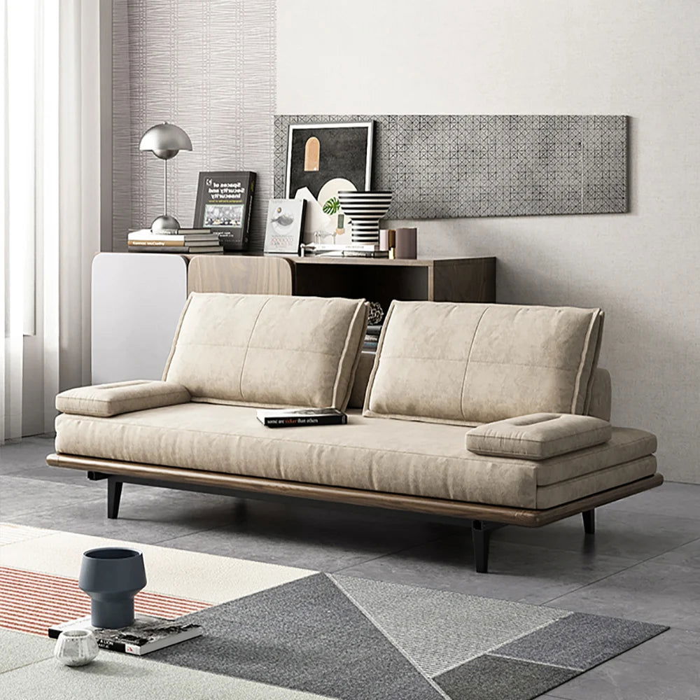 Mid Century Modern Pull Out Sofa Bed Khaki Wood Convertible Sleeper Sofa Cotton & Linen - 