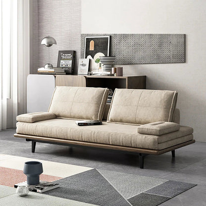 Mid Century Modern Pull Out Sofa Bed Khaki Wood Convertible Sleeper Sofa Cotton & Linen - 