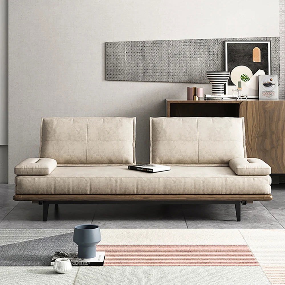 Mid Century Modern Pull Out Sofa Bed Khaki Wood Convertible Sleeper Sofa Cotton & Linen - 