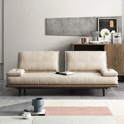 Mid Century Modern Pull Out Sofa Bed Khaki Wood Convertible Sleeper Sofa Cotton & Linen - 