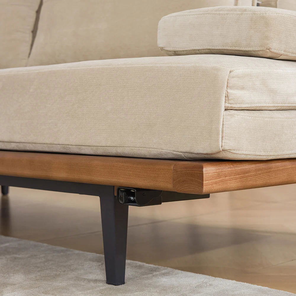 Mid Century Modern Pull Out Sofa Bed Khaki Wood Convertible Sleeper Sofa Cotton & Linen - 