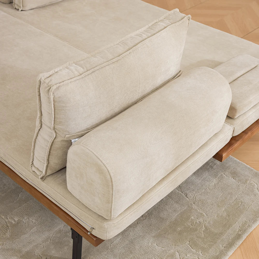 Mid Century Modern Pull Out Sofa Bed Khaki Wood Convertible Sleeper Sofa Cotton & Linen - 