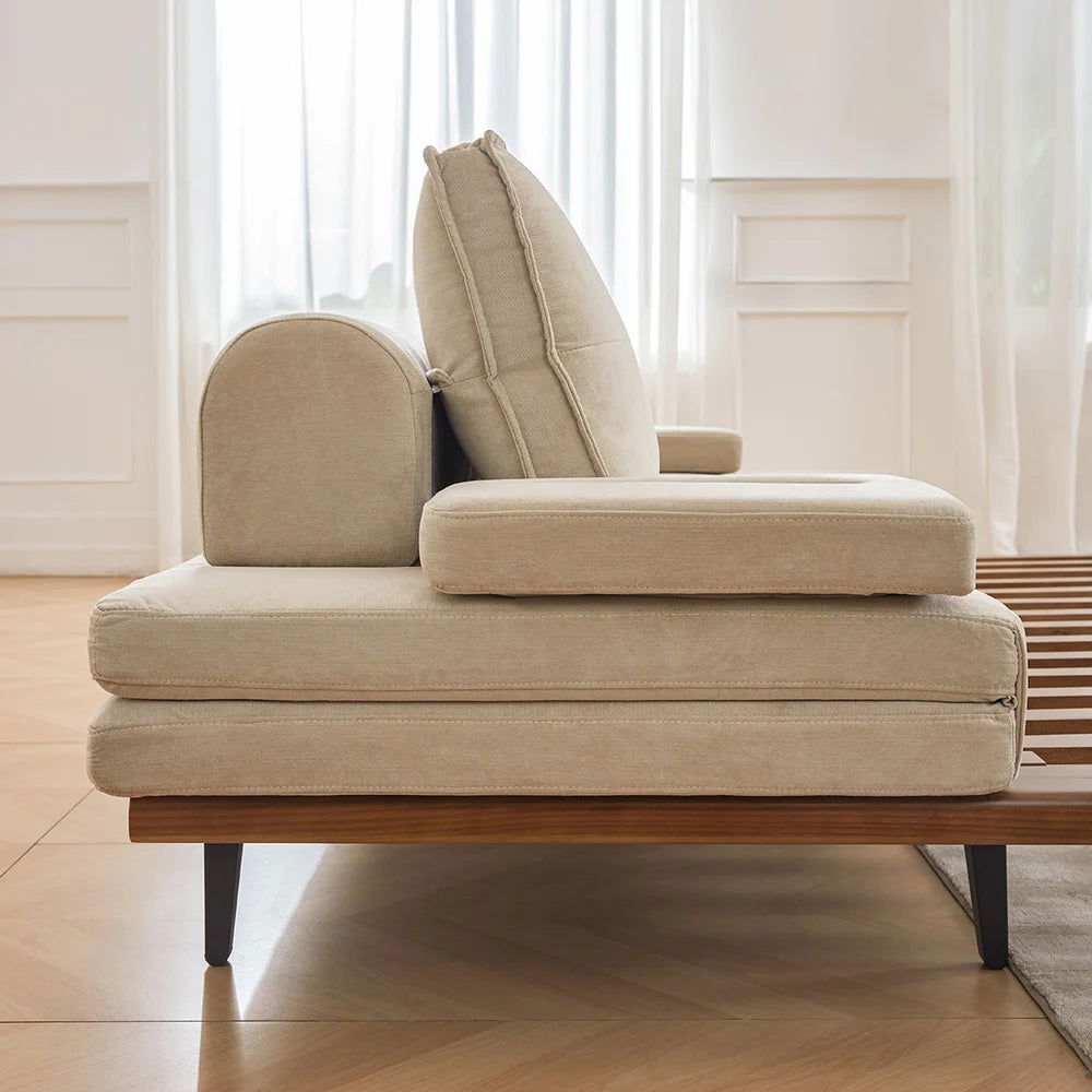 Mid Century Modern Pull Out Sofa Bed Khaki Wood Convertible Sleeper Sofa Cotton & Linen - 