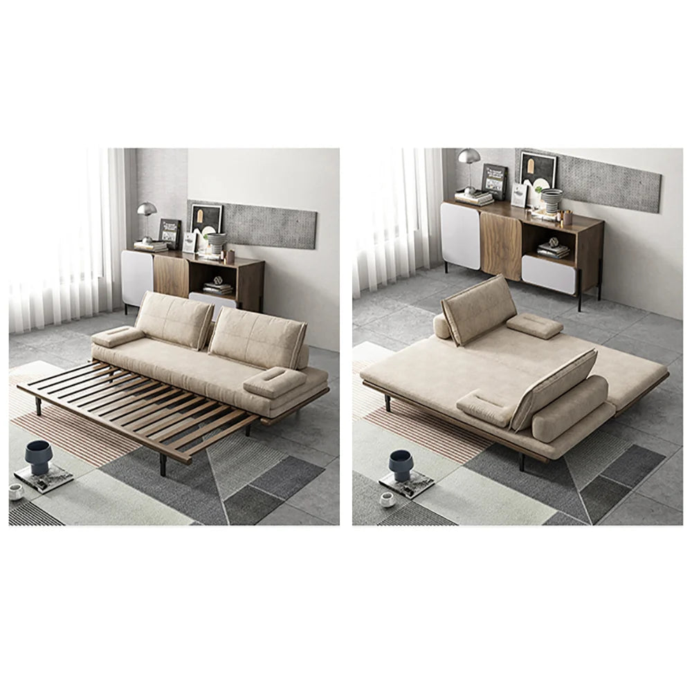 Mid Century Modern Pull Out Sofa Bed Khaki Wood Convertible Sleeper Sofa Cotton & Linen - 