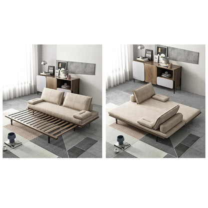 Mid Century Modern Pull Out Sofa Bed Khaki Wood Convertible Sleeper Sofa Cotton & Linen - 