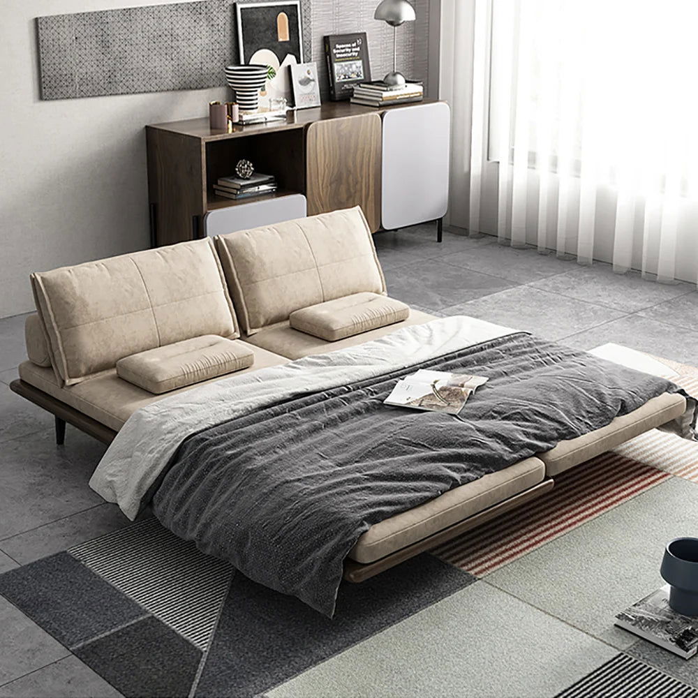 Mid Century Modern Pull Out Sofa Bed Khaki Wood Convertible Sleeper Sofa Cotton & Linen - Homary
