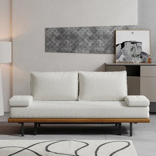 Mid Century Modern Pull Out Sofa Bed White Wood Convertible Sleeper Sofa Cotton & Linen - 