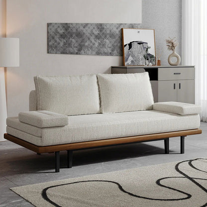 Mid Century Modern Pull Out Sofa Bed White Wood Convertible Sleeper Sofa Cotton & Linen - 