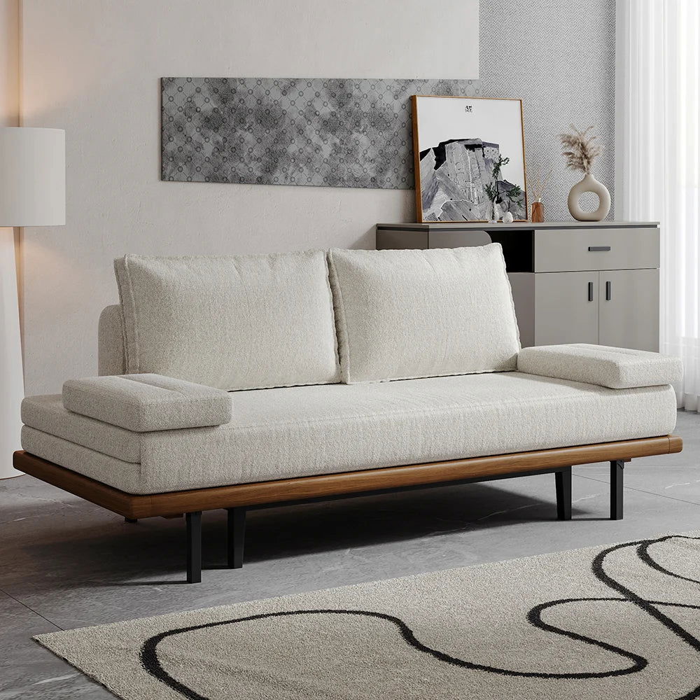 Mid Century Modern Pull Out Sofa Bed White Wood Convertible Sleeper Sofa Cotton & Linen - 