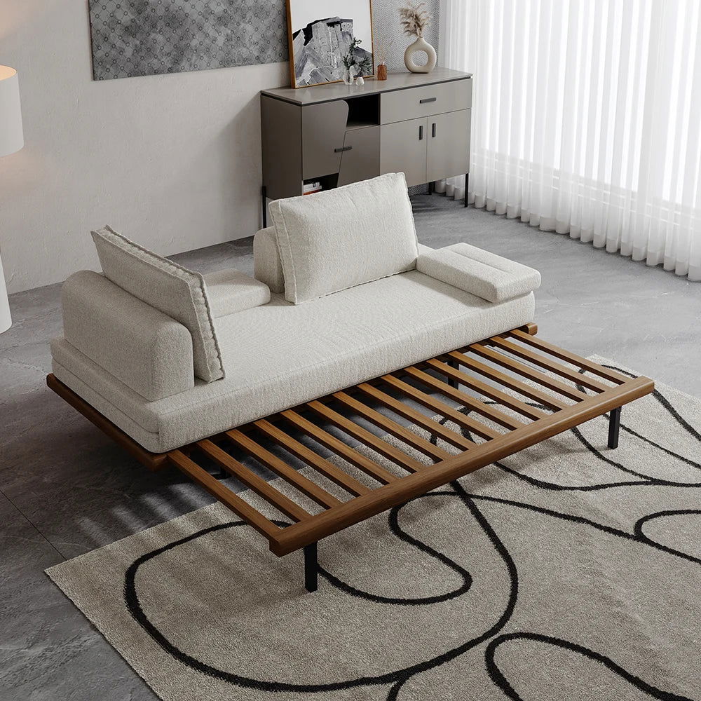 Mid Century Modern Pull Out Sofa Bed White Wood Convertible Sleeper Sofa Cotton & Linen - 