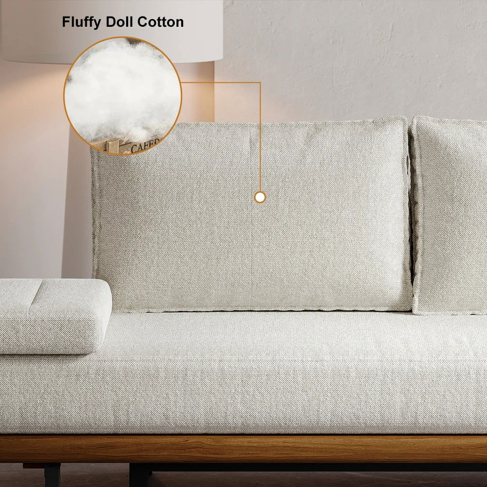 Mid Century Modern Pull Out Sofa Bed White Wood Convertible Sleeper Sofa Cotton & Linen - 