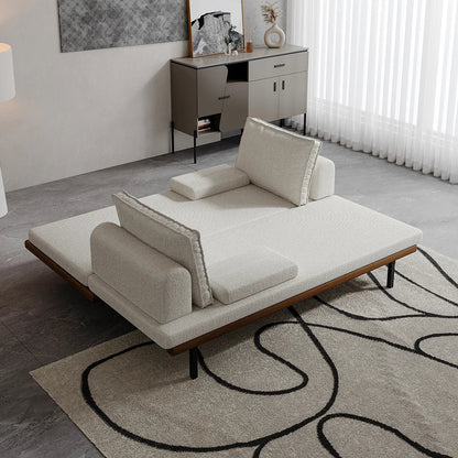 Mid Century Modern Pull Out Sofa Bed White Wood Convertible Sleeper Sofa Cotton & Linen - 