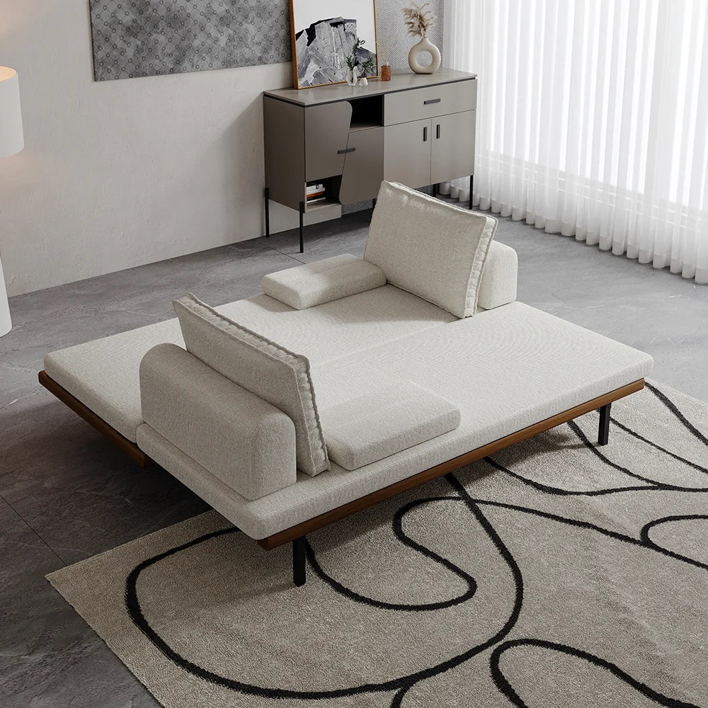 Mid Century Modern Pull Out Sofa Bed White Wood Convertible Sleeper Sofa Cotton & Linen - 