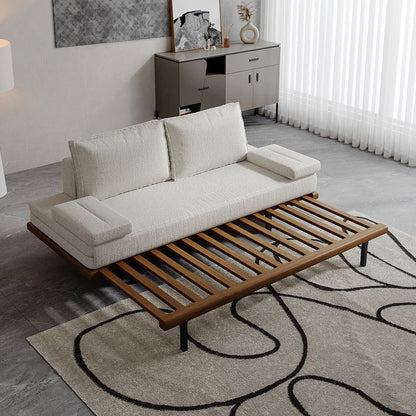 Mid Century Modern Pull Out Sofa Bed White Wood Convertible Sleeper Sofa Cotton & Linen - 