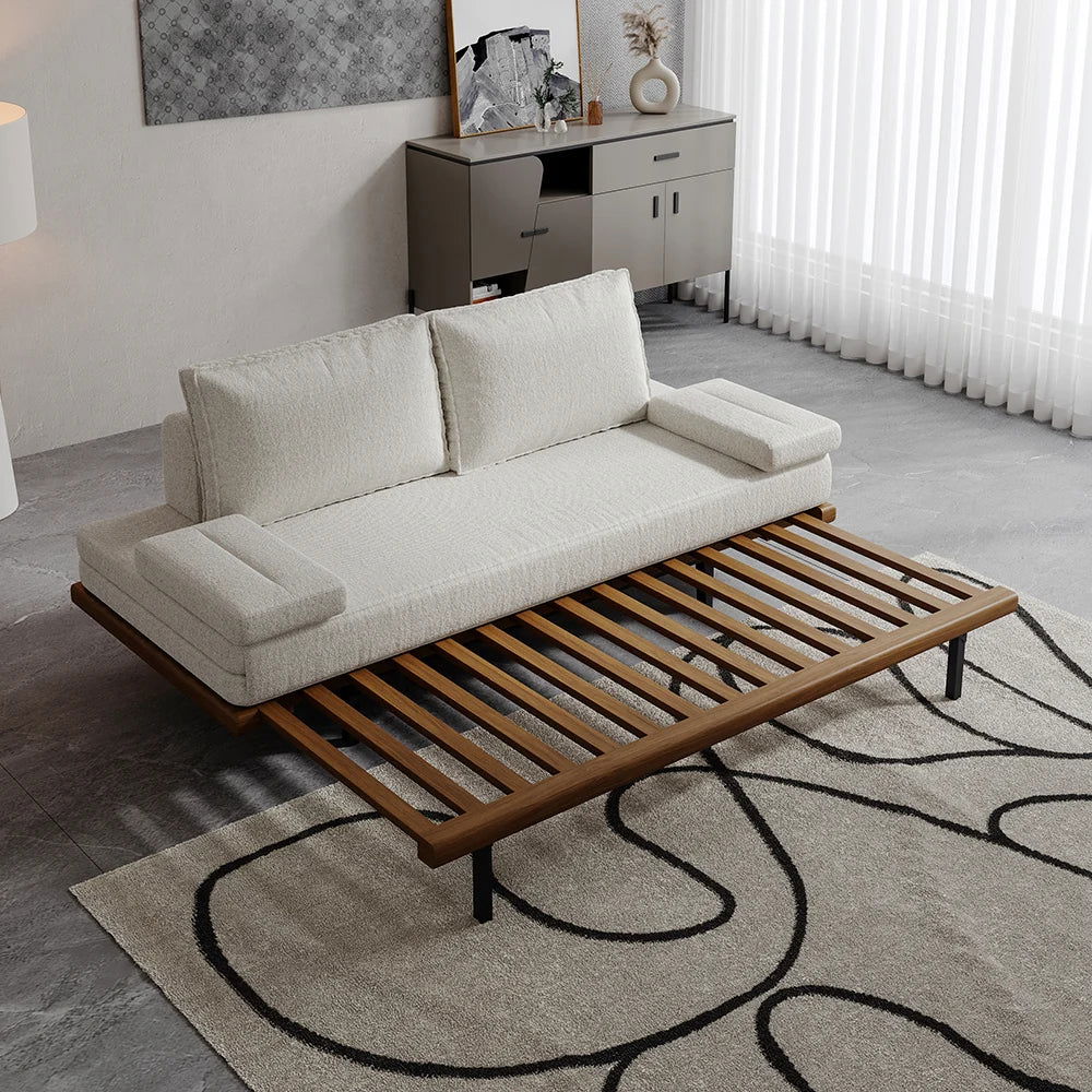 Mid Century Modern Pull Out Sofa Bed White Wood Convertible Sleeper Sofa Cotton & Linen - 