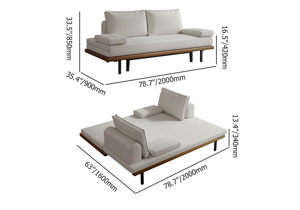 Mid Century Modern Pull Out Sofa Bed White Wood Convertible Sleeper Sofa Cotton & Linen - 