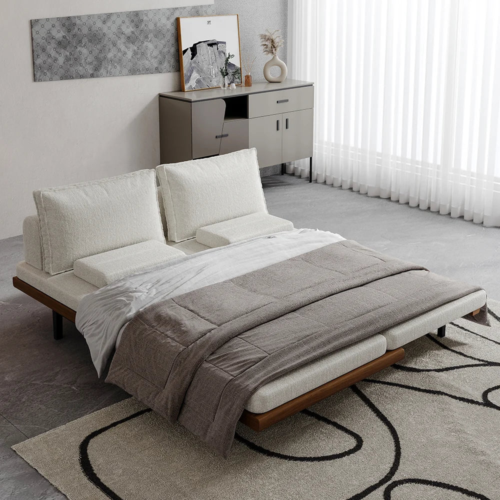 Mid Century Modern Pull Out Sofa Bed White Wood Convertible Sleeper Sofa Cotton & Linen - Homary