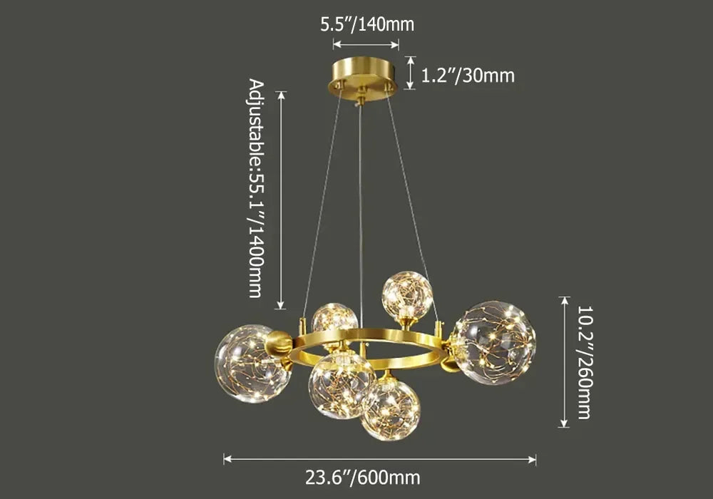 Miglobe Gold 6-Light Glass Globe LED Chandelier with Adjustable Cable - 