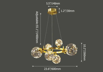 Miglobe Gold 6-Light Glass Globe LED Chandelier with Adjustable Cable - 