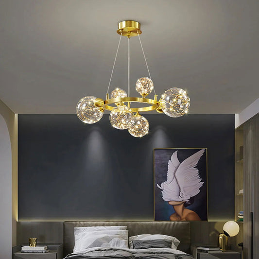 Miglobe Gold 6-Light Glass Globe LED Chandelier with Adjustable Cable - Homary