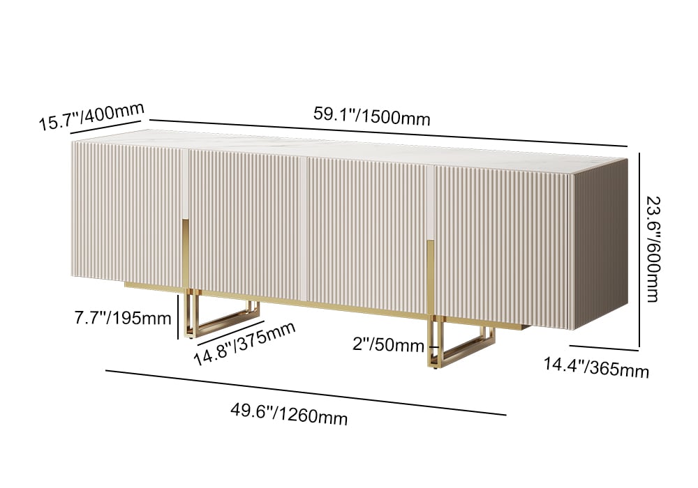 Minimalist 1500mm Off White Small TV Stand Stone Top Media Console 4 Doors 6 Shelves - 