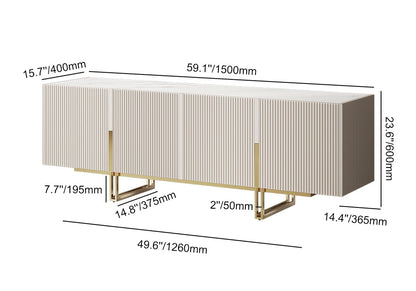 Minimalist 1500mm Off White Small TV Stand Stone Top Media Console 4 Doors 6 Shelves - 
