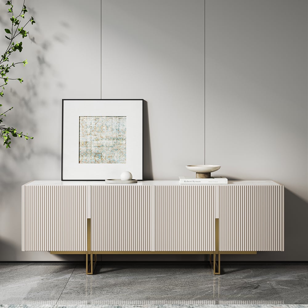 Minimalist 1500mm Off White Small TV Stand Stone Top Media Console 4 Doors 6 Shelves - 