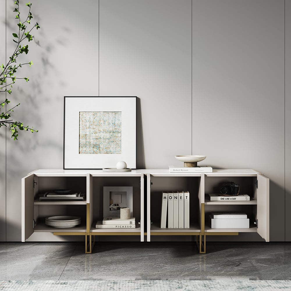 Minimalist 1500mm Off White Small TV Stand Stone Top Media Console 4 Doors 6 Shelves - 