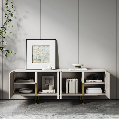 Minimalist 1500mm Off White Small TV Stand Stone Top Media Console 4 Doors 6 Shelves - 