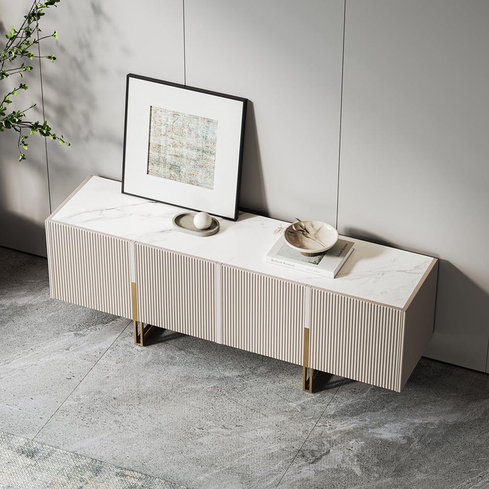 Minimalist 1500mm Off White Small TV Stand Stone Top Media Console 4 Doors 6 Shelves - 