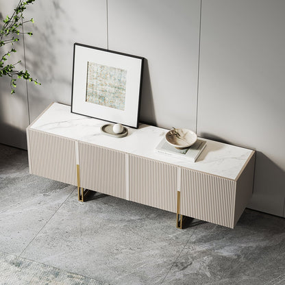Minimalist 1500mm Off White Small TV Stand Stone Top Media Console 4 Doors 6 Shelves - 
