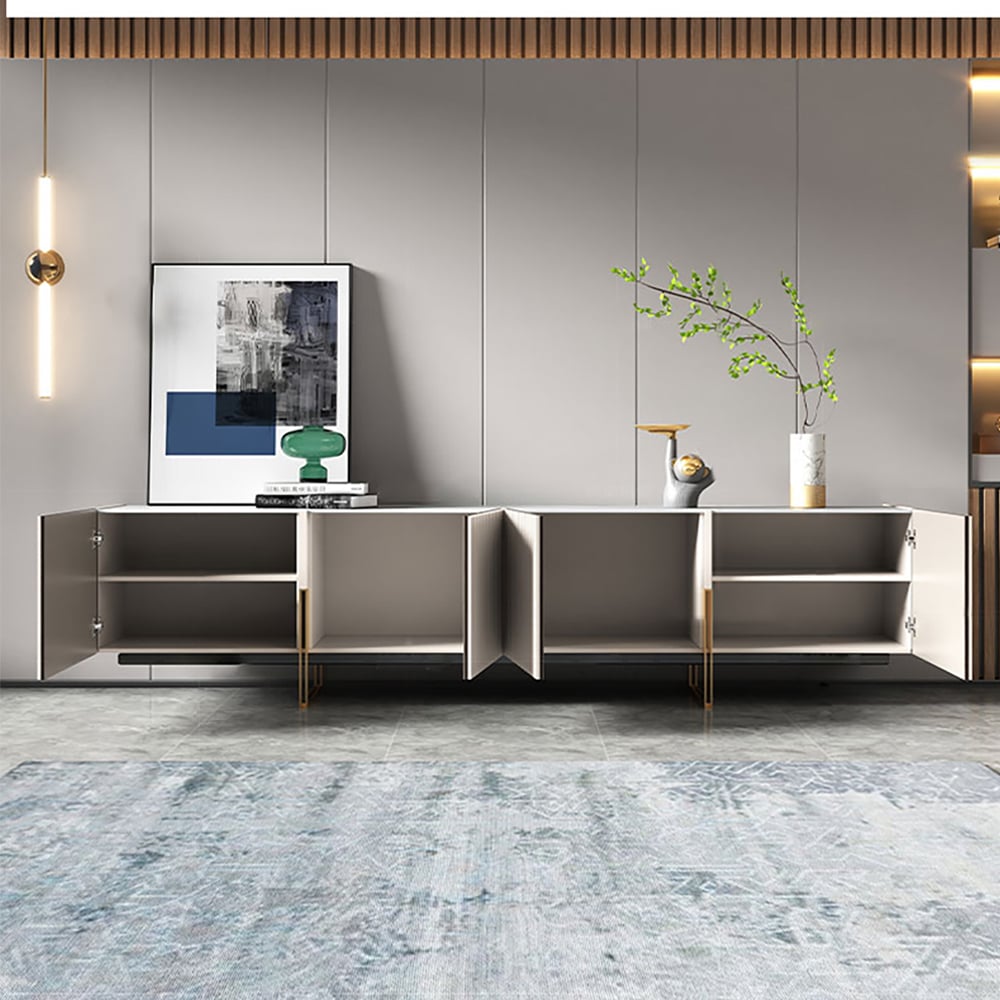 Minimalist 2200mm Off White TV Stand Stone Top Media Console 4 Doors 6 Shelves - 