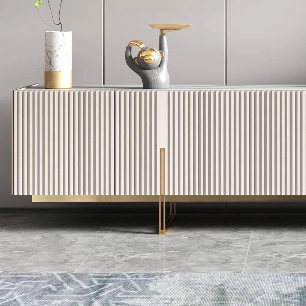 Minimalist 2200mm Off White TV Stand Stone Top Media Console 4 Doors 6 Shelves - 