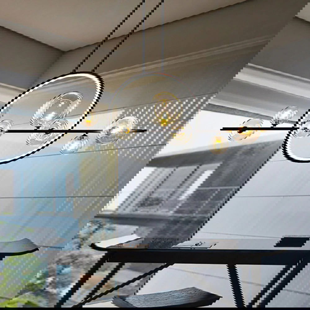 Minimalist 7-Light Glass Globe Shade Black Kitchen Island Light for Dining Room - Homary