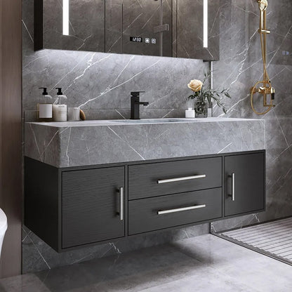 Modern 1000mm Floating Black Bathroom Vanity Stone Top Wall Mounted Bathroom Cabinet - 