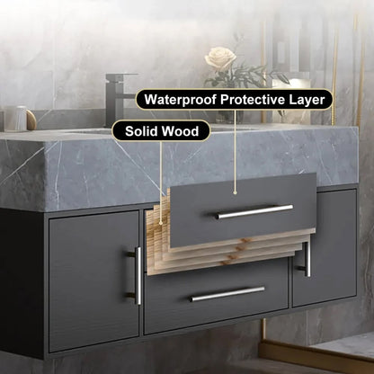 Modern 1000mm Floating Black Bathroom Vanity Stone Top Wall Mounted Bathroom Cabinet - 