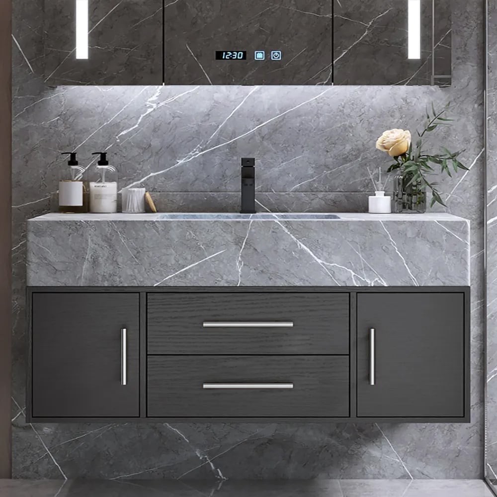 Modern 1000mm Floating Black Bathroom Vanity Stone Top Wall Mounted Bathroom Cabinet - Homary