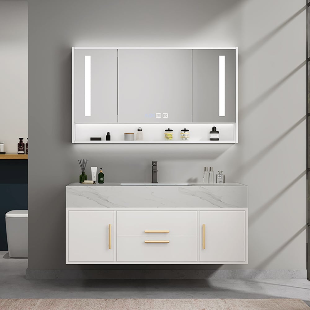 Modern 1000mm White Floating Bathroom Vanity Set Stone Top Wall Mounted Bathroom Cabinet - 